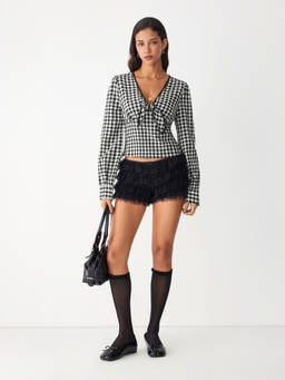 Cider - Cotton Shepherd Check Women V-Neck Twisted Blouse Black