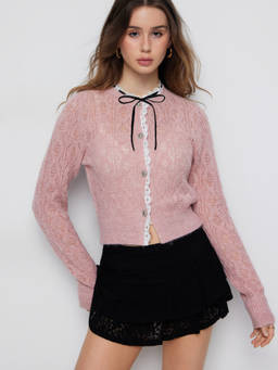 Cider - Wool-Blend Women's Lace Trim Bow Detail Button-Up Cardigan Pink
