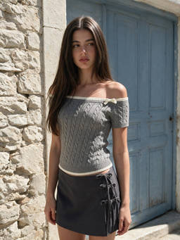 Cider - Cable Knit Women’s Off-Shoulder Bow Contrast Trim Crop Top Grey