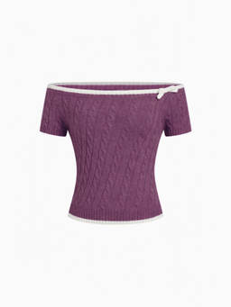 Cider - Cable Knit Women Off-Shoulder Bow Contrast Trim Crop Top Purple