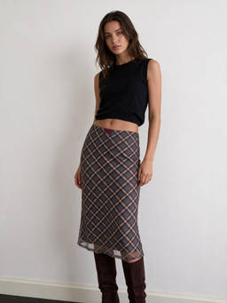 Cider - Plaid Bowknot Women's Mid-Waist Mermaid Midi Skirt Grey