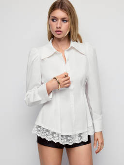 Cider - Cotton Women's Lace Trim Puff Sleeve Blouse White