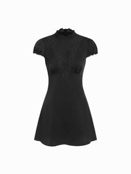 Cider - Satin Women's Stand Collar Puff Sleeve Lace A-Line Mini Dress Black