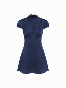 Cider - Satin Lace Panel Women's Puff Sleeve A-Line Mini Dress Navy Blue