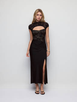 Cider - Satin Lace Women's Cut-Out Ruched Split Maxi Dress Black