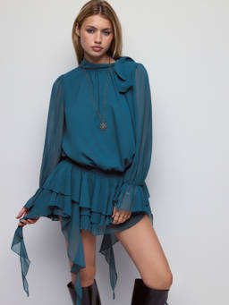 Cider - Tie-Neck Women's Ruffle Sleeve Layered Mini Dress Indigo
