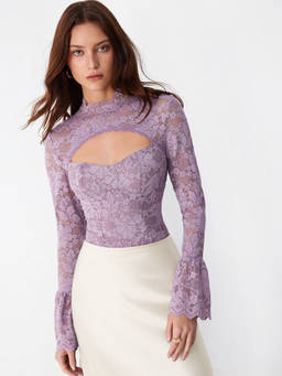 Cider - Lace Women's Cut-Out Stand Collar Bell Sleeve Bodysuit Purple