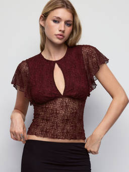 Cider - Lace Women's Sheer Cut-Out Keyhole Neck Top Burgundy