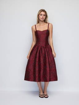 Cider - Jacquard Floral Women's Lace-Up Scoop Neck Flared Midi Dress Burgundy