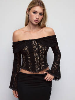 Cider - Lace Color-block Women Off-Shoulder Bell Sleeve Crop Top Black