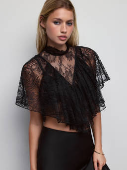 Cider - Stand Collar Women's Cut-Out Layered Lace Crop Top Black