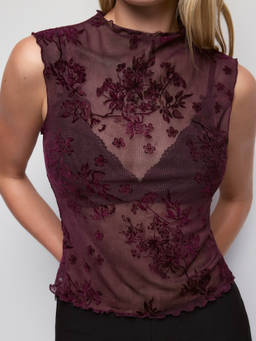 Cider - Mesh Flocking Women’s Floral High Neck Lettuce Trim Tank Top Purple