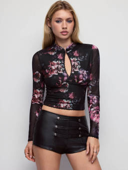 Cider - Mesh Floral Women Cut-Out Stand Collar Crop Top Black