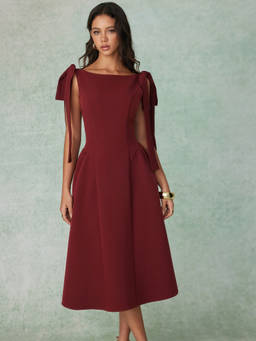 Cider - Bowknot Women's Backless Lace-Up Flared Maxi Dress Red