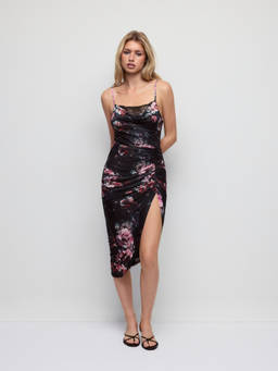Cider - Mesh Floral Women Ruched Cowl Neck Bodycon Midi Dress Black