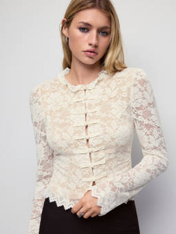 Cider - Lace Women's Ruffled High Neck Full Sleeve Top White