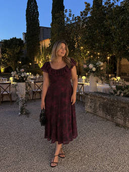 Cider - Textured Floral Women’s Square Neck Ruffle Sleeve Maxi Dress Wine