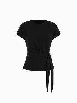 Cider - Knit Wool-Blend Women's Twist Knotted Short Sleeve Top Black