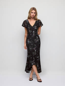Cider - Mesh Floral Women’s V-Neck Ruffle Sleeve Maxi Dress Black