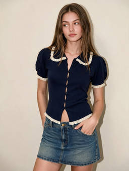 Cider - Peter Pan Collar Women's Lace Trim Puff Sleeve Top Navy Blue