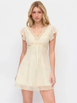 Cider - Chiffon Women's V-Neck Ruffle Sleeve Lace Mini Dress Beige