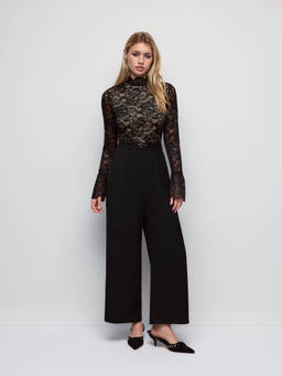 Cider - Lace Women's Stand Collar Belted Wide-Leg Jumpsuit Black