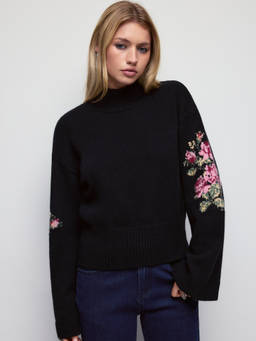 Cider - Knit Floral Women's High Neck Pullover Sweater Black
