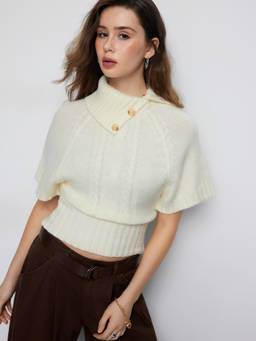 Cider - Cable Knit Women Button Detail Turtle Neck Top Cream
