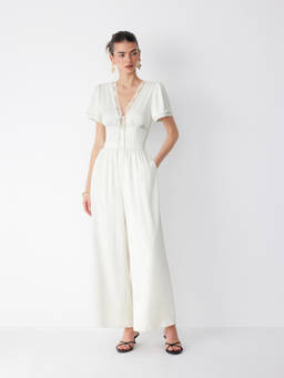 Cider - Satin Women's Lace Trim V-Neck Wide-Leg Jumpsuit Beige