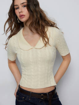 Cider - Cable Knit Women Peter Pan Collar Half Sleeve Top Beige