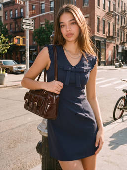 Cider - Ruffled Bowknot Women’s V-Neck A-Line Mini Dress Navy Blue