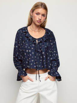 Cider - Floral Ruffle Women's Tie-Up Neck Lantern Sleeve Blouse Navy Blue