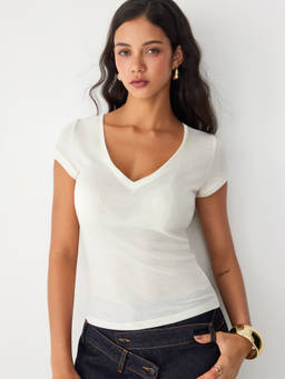 Cider - Wool-Blend Women's High Stretch V-Neck T-Shirt Beige