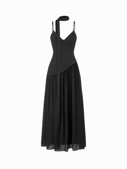 Cider - Chiffon Women's V-Neck Asymmetrical Maxi Dress Black