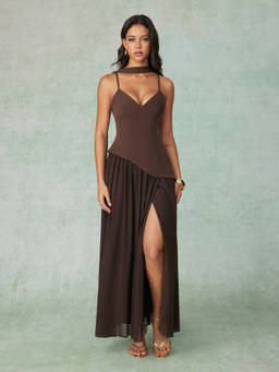 Cider - Chiffon Women's V-Neck Asymmetrical Maxi Dress Brown