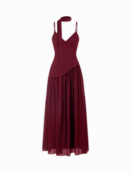 Cider - Chiffon Women's V-Neck Asymmetrical Maxi Dress Wine