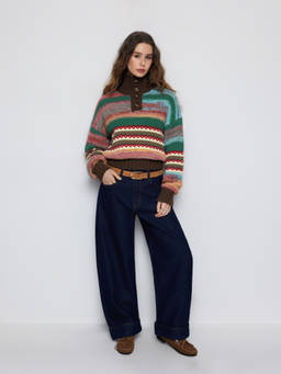 Cider - Aztec Knit Women Oversized Stand Collar Pullover Sweater Multi-Color