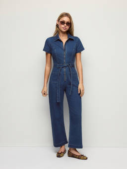 Cider - Stretch Denim Women Zip-Front Belted Straight-Leg Jumpsuit Navy Blue