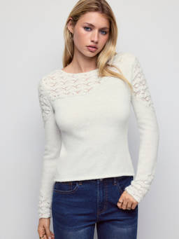 Cider - Pointelle Women’s Hollow-Out Wool-Blend Pullover Sweater Cream