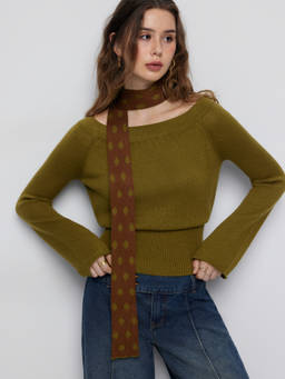 Cider - Knit Cotton Blend Women Boat Neck Bell Sleeve Top Olive