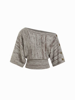 Cider - Knit Textured Women's Asymmetrical Neck Batwing Sleeve Top Grey