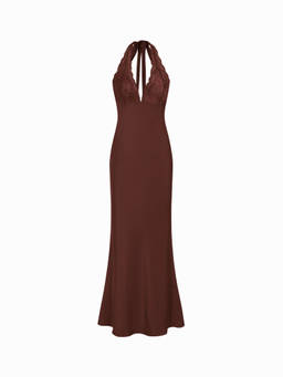 Cider - Satin Women's Halter Lace Trim Mermaid Maxi Dress Brown