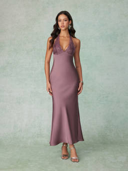 Cider - Satin Lace Women's Halter Neck Mermaid Maxi Dress Mauve