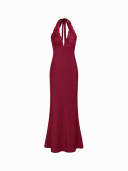 Cider - Satin Women's Lace Trim Halter Neck Mermaid Maxi Dress Wine