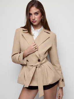 Cider - Double-Breasted Women's Belted Bubble Hem Trench Coat Khaki