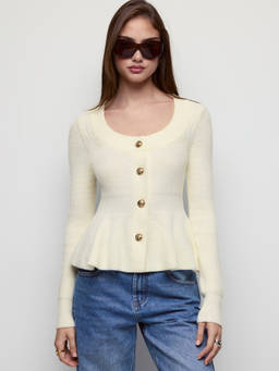 Cider - Knit Women's Scoop Neck Peplum Hem Button Cardigan White