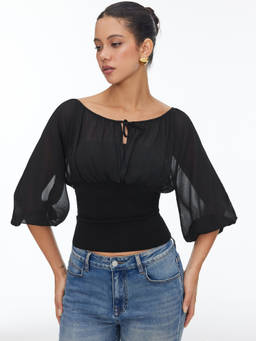 Cider - Chiffon Women's Ruched Boat Neck Lantern Sleeve Blouse Black