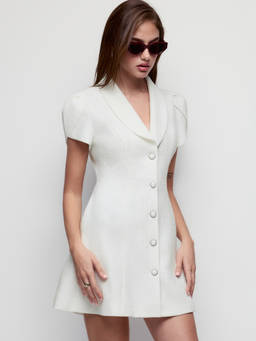 Cider - Tweed Women's Puff Sleeve Notched Lapel Blazer Mini Dress Off White