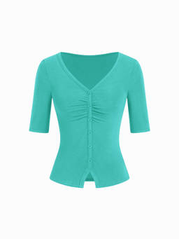 Cider - Ruched Split Hem Women's V-Neck Mid Sleeve Top Teal