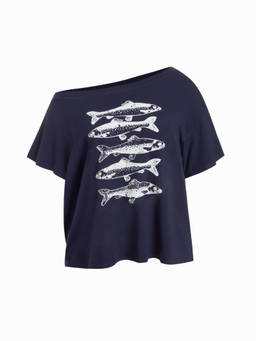 Cider - Knit Women's Oversized Asymmetrical Neck Tee Navy Blue